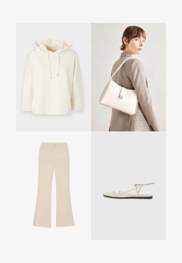 Kremo spalvos gobtuvinė bliuzonas su laisvu kirpimu ir plačiomis rankovėmis. Yra raištelis gobtuve ir minkšta, lygi tekstūra.; Šviesiai rudos spalvos plačios kelnės su aukštu liemeniu, pagamintos iš medvilnės audinio. Turi priekinės ir galinės kišenes, diržo kilpas ir vieną sidabrinį mygtuką.; Bežiniai plokšti sandalai su keliais lieknais dirželiais ir reguliuojamu užsegimu. Padas plokščias, su lengvu tamsiu kontrastu krašte.; Balto odos rankinė su struktūrizuotu dizainu, turinti magnetinį užsegimą ir petnešą, demonstruojama prieš neutralią foną.