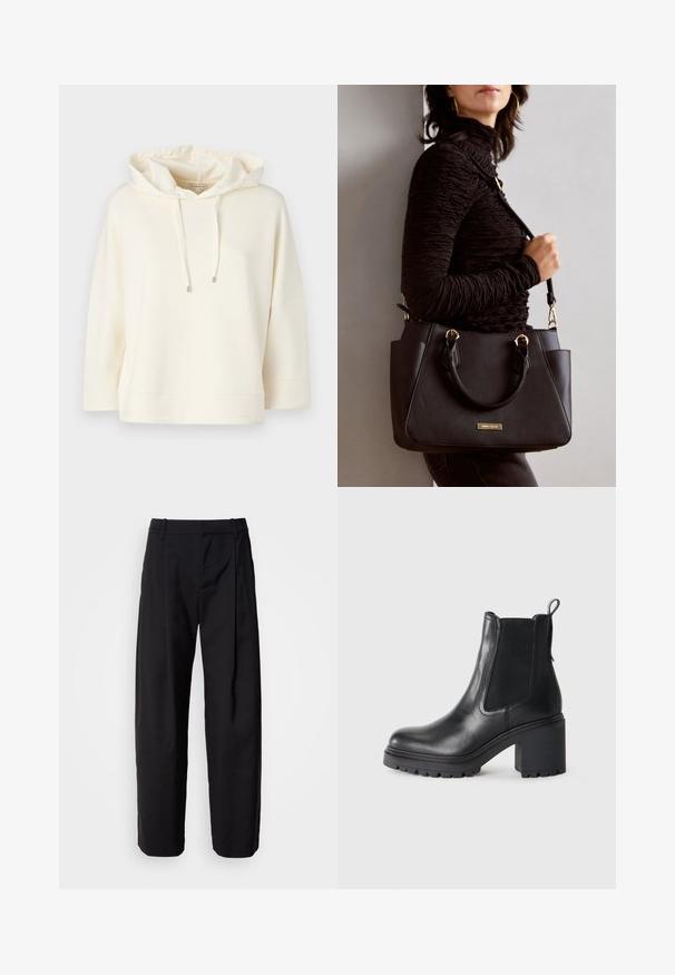 Cream hooded sweatshirt with a loose fit and wide sleeves. Features a drawstring in the hood and a soft, smooth texture.; Black trousers with a relaxed fit, pleated front, and belt loops. Smooth fabric and straight legs, featuring side pockets.; Black leather ankle boot with a chunky heel, elastic side panels, and a pull tab at the back. Textured sole for added grip.; Black handbag with textured surface, dual top handles, and adjustable shoulder strap. Features gold-tone hardware and side pockets.