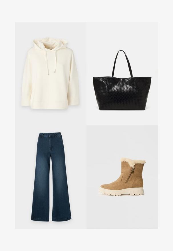 Kreemivärvi kapuutsiga sviiter, millel on lahti lõige ja laiade varrukatega. Omab kapuutsi reguleerimistõmblust ning pehmet, sileda tekstuuri.; Tumedast sinise kõrge vöökohtaga avara jännide teksapüksid, millel on esikotid ja vöölõugadega valgel taustal.; Soe nahkasaapad kunstkarvase kraega, külgse sulgemise ja valge paksu tallaga. Omab siledat tekstuuri ja ümarat disaini.; Must mustri õmmeldud kott kahe tugeva käepidemega, millel on läikiv tekstuur ja avar avatud ülaosa disain.