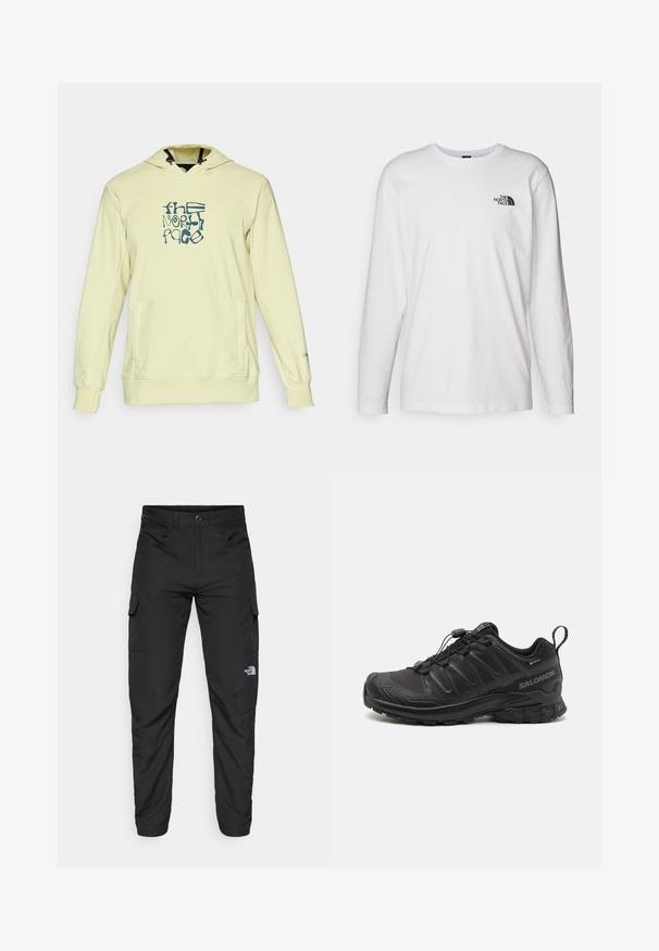 Sudadera amarilla clara con un bolsillo delantero, que presenta un gráfico de logo azul. Hecha de una tela suave, con capucha ajustable y puños acanalados.; Camiseta de manga larga blanca de algodón con cuello redondo. Presenta un pequeño logotipo negro en el pecho. Textura suave, corte regular.; The North Face HORIZON PANT - Pantalones montañeros largos - black; Zapatilla deportiva negra con parte superior sintética texturizada, suela acolchada y sistema de lazado rápido. Cuenta con puntera y talón reforzados.