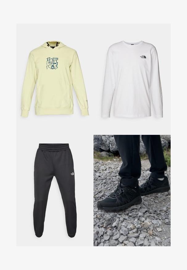 Lichtgele hoodie met een voorzak, voorzien van een blauw grafisch logo. Gemaakt van zachte stof, met een capuchon met trekkoord en geribbelde mouwen.; Witte lange mouwen T-shirt gemaakt van katoen met een ronde hals. Beschikt over een klein zwart logo op de borst. Soepele textuur, normale pasvorm.; Zwarte sweatpants met een trekkoord in de taille, tapered fit, elastische boorden en een klein wit logo op de linker dij, gemaakt van gladde stof.; Zwarte buitenschoenen van mesh en synthetisch materiaal, met een gestructureerd bovenwerk, een beveiligd vetersysteem en een robuuste zool, op een ruig terrein.