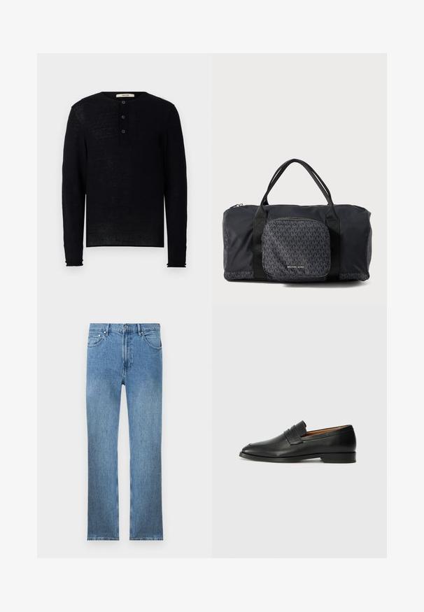 Zwarte langslijf henley-shirt van zacht stof, met een ronde halslijn en drie knoopjes aan de voorkant. Lichtjes losse pasvorm met geribde manchetten.; Lichtblauwe denim jeans met een rechte snit, vijf zakken, een ritsluiting en contrasterende stiksels. De stof heeft een gladde, gestructureerde afwerking.; Zwarte leren instapper met een ronde neus, subtiele stikdetails en een lage hak, met een gladde textuur en een minimalistisch ontwerp.; Zwarte Michael Kors duffeltas met dubbele handvatten, voorzak met rits die een herhaald MK-logo patroon en Michael Kors merknaam toont.