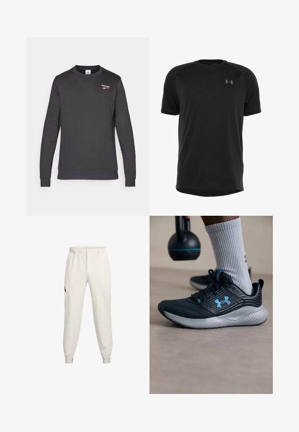 Donkergrijze sweatshirt gemaakt van een zachte katoenmix. Heeft een ronde halslijn, lange mouwen en een klein rood Reebok-logo op de borst.; Zwart sportshirt met korte mouwen, gemaakt van glad, lichtgewicht stof. Heeft een ronde halslijn en een discrete logo op de borst.; Lichtbeige joggerbroeken met een elastische tailleband, zijzakken en geribde manchetten; voorzien van een zwart logo accent op de linkse heup.; Zwarte sportschoen met blauwe accenten, gestructureerde bovenkant en grijze zool. Draagt met grijze geribbelde sokken, naast een zwarte kettlebell.
