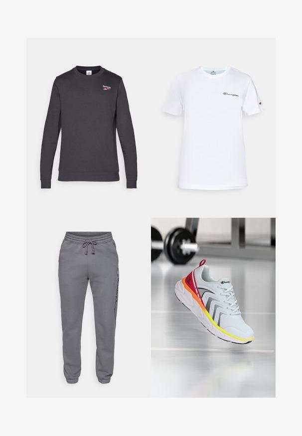 Sötét szürke pulóver, puha pamut keverékből. Kerek nyakkivágással, hosszú ujjakkal és egy kicsi piros Reebok logóval rendelkezik a mellkasán.; Fehér pamut póló kerek nyakkivágással, rövid ujjakkal, és fekete hímzett "Champion" logóval a mellkason és az ujjon.; Champion ICONS TONAL CUFF LARGE LOGO - Tréningruha alsók - foggy; Champion FX RT - Edzőcipő - white/black/rox