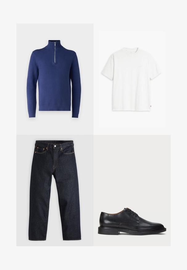 Sötétkék pulóver, magas gallérral és félcipzárral, mely textúrázott kötött mintával és bordás mandzsettákkal és aljjal rendelkezik.; Fehér pamut póló rövid ujjakkal, kerek nyakkal és diszkrét Levi's logóval a középen. Puha tapintású és szabványos szabású.; Sötétkék farmernadrág egyenes szabással, öt zsebbel, kontrasztos narancssárga varrással és gombos záródással. Nem látható rajta mintázat vagy díszítés.; Fekete bőrből készült dresszcipő kerek orral, fűzős kialakítással és alacsony, rétegelt sarkával. Simás felület minimális varrási részletekkel.