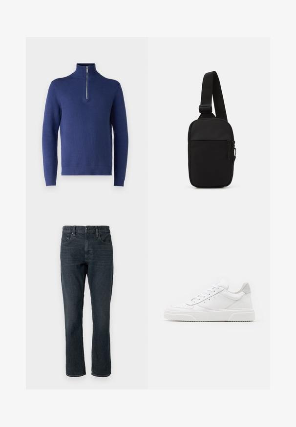 Sötétkék pulóver, magas gallérral és félcipzárral, mely textúrázott kötött mintával és bordás mandzsettákkal és aljjal rendelkezik.; Sötétkék farmernadrág egyenes szabással, öt zsebes dizájnnal és gombos záródással. Finom fakulás és kontrasztos varrás jellemzi.; Fehér bőr sportcipő sima felülettel, kerek orral, lapos fűzőkkel és textúrált talppal. Szürke velúr díszítés a saroknál.; Fekete keresztpántos táska, tartós anyagból készült, egy állítható pánttal, cipzáras főrekesszel és elülső zsebbel.