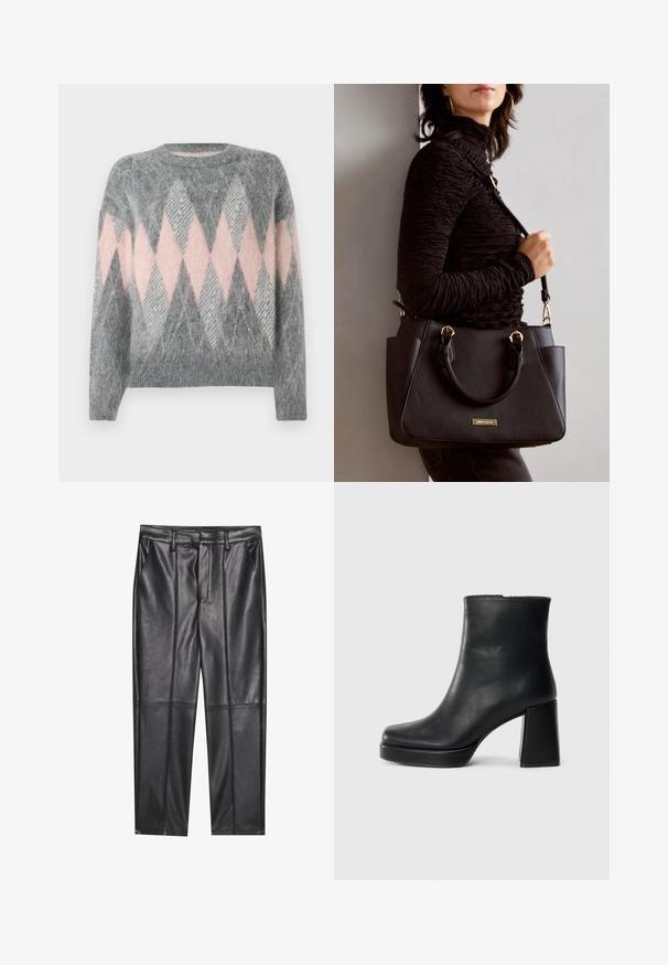 Szary wełniany sweter z różowym i jasnoszarym wzorem w romby. Okrągły dekolt i ściągacz na dole. Miękka tekstura, długie rękawy.; Czarne skórzane spodnie o gładkiej fakturze, z prostym krojem, dwoma przednimi kieszeniami i widocznymi szwami.; Czarne skórzane botki za kostkę z blokowym obcasem i platformą, widok z boku na białym tle.; Czarna torebka z teksturowanej powierzchni, podwójnymi uchwytami na górze i regulowanym paskiem na ramię. Posiada złote okucia i boczne kieszenie.