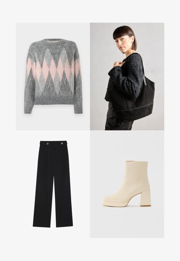 Hallgray villane sviiter roosa ja helesinise rombikuvandiga. Ümmargune kaelus ja soonikkoeselt alumine äär. Pehme tekstuur, pikad varrukad.; Mustad laiad püksid kõrge vöökoha ja nööpdetailidega vööandil, esikortsudega.; Beige nahkaste kõrged saapad plokknõelaga ja platvormpõhjaga, siledat viimistlust ja kergelt ruudukujulist varvatoe, vasakul valgel taustal.; Must mustriga mustekott, millel on sile tekstuur, struktureeritud kuju ja kontrastsed õmblused. Omab pikki rihmasid õlavarre kandmiseks.