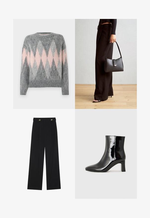 Pulover din lână gri cu un model în diamante roz și gri deschis. Decolteu rotund și tiv inferior cu nervuri. Textură moale, mâneci lungi.; Pantaloni negri cu picioare largi, talie înaltă, detalii cu butoane pe talie și pliseuri în față.; Botine negre din piele lacuită, cu vârful ascuțit și toc bloc de înălțime medie. Textură netedă și design minimalist.; Genți negre cu o formă structurată, textură netedă și un închizător metalic. Asortată cu pantaloni negri largi și sandale cu vârf deschis pe un podea din lemn.
