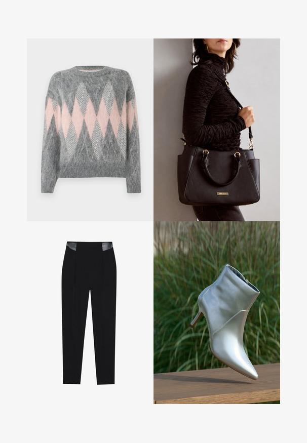 Szürke gyapjú pulóver rózsaszín és világosszürke rombusz mintával. Kerek nyakkivágás és bordázott alsó szegély. Puha tapintású, hosszú ujjú.; Fekete, szabott nadrág, amely sima kialakítással, elöl redőkkel és fényes fekete bőrfelületekkel rendelkezik a derékrészen. Simává álló szövettextúra.; Fényes ezüst magassarkú bokacsizma hegyes orral és cipzárral, egy fából készült felületen egyensúlyozva, zöld fű háttér előtt.; Fekete kézitáska texturált felülettel, dupla felső fogantyúval és állítható vállpánttal. Arany színű fém kiegészítők és oldalsó zsebek találhatók rajta.