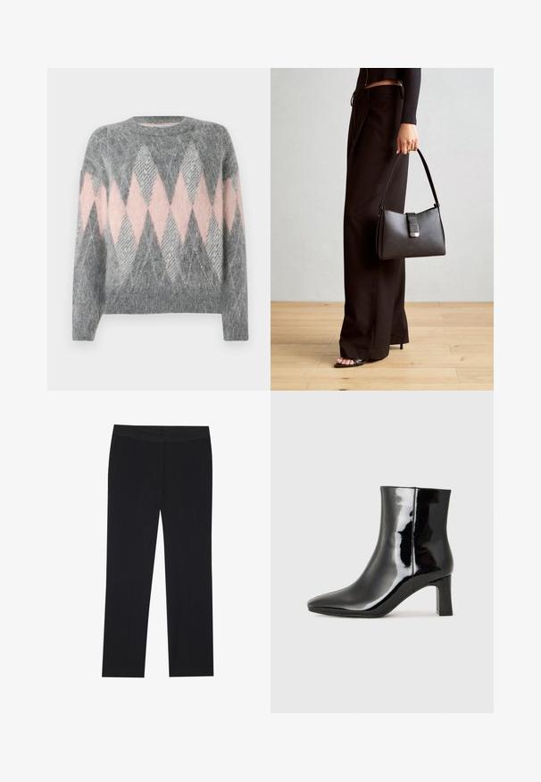 Harmaa villaneule, jossa on vaaleanpunaisia ja vaaleanharmaita timanttikuvioita. Pyöreä kaula-aukko ja resorireuna. Pehmeä rakenne, pitkät hihat.; Mustat housut suoranlahkeisella muotoilulla, joissa on sivutaskut ja sileä kangas. Vähäisellä yksityiskohdalla, siisti vyötärö.; Musta patenttilakattu nilkkuri, jossa on terävä kärki ja keskipitkä lohkarekorko. Silkkinen pinta ja minimalistinen muotoilu.; Musta käsilaukku, jossa on rakenteellinen muoto, sileä pinta ja metallinen solki. Yhdistetty leveisiin mustiin housuihin ja avonaiheisiin sandaaleihin puulattialla.