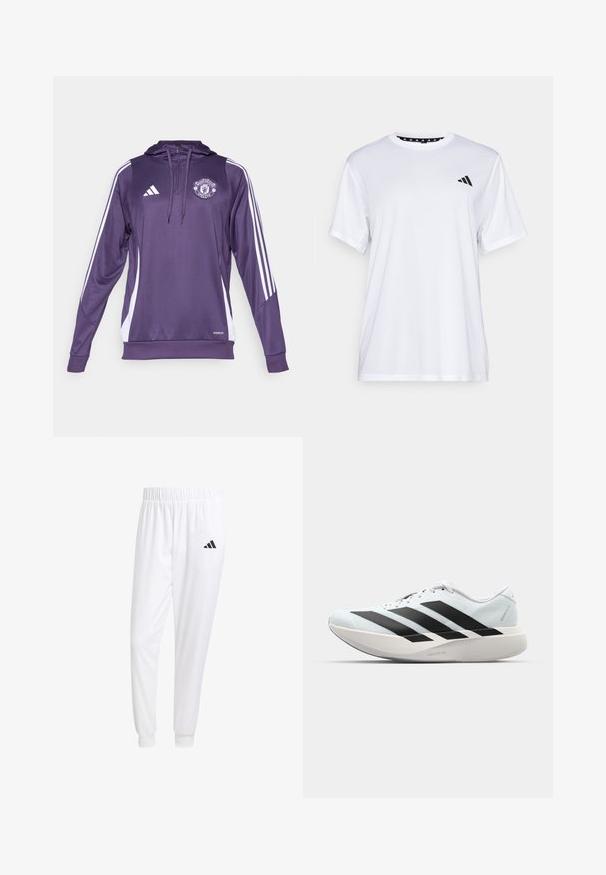 Fialová atletická mikina s bielymi pruhmi po stranách, s logom na hrudi a polozipsovým dizajnom. Vyrobená z hladkej, priedušnej tkaniny.; Biely športový tričko s krátkymi rukávmi, vyrobené z materiálu, ktorý odvádza vlhkosť. Má čierne logo na ľavej hrudi a vzorovaný vnútorný golier.; Biele športové nohavice z hladkej tkaniny, s elastickým pásom a priliehavými manžetami, s čiernym logom na zadnej vrecku.; Ľahké bežecké topánky v svetlomodrej farbe s čiernymi pruhmi. Majú hladký zvršok, okrúle špičky a hrubú bielu medzipodrážku označenú "LIGHTSTRIKE PRO."