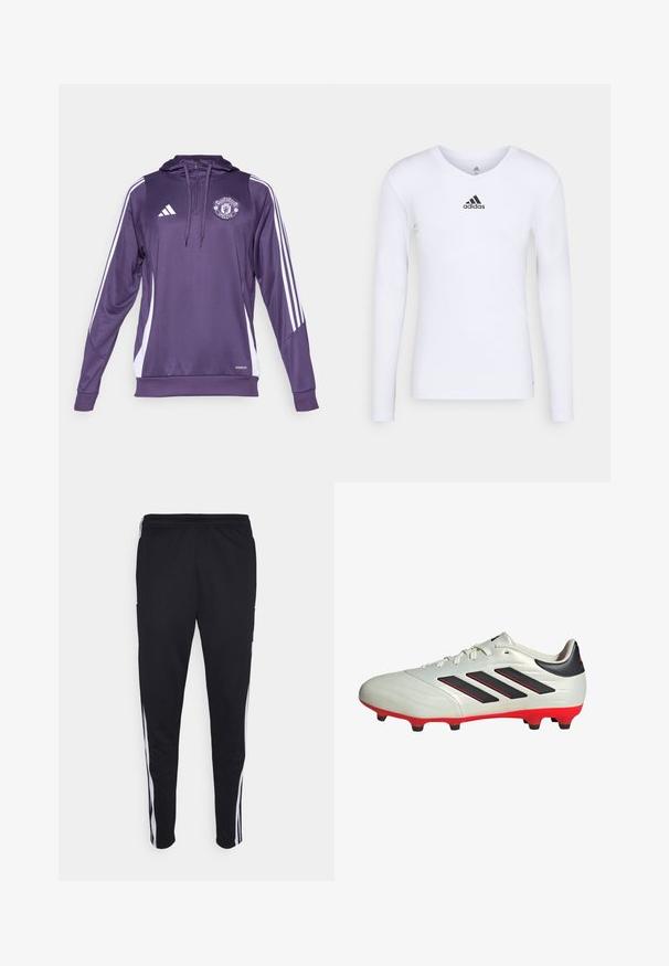 Hoodie de sport violet avec des rayures blanches sur les côtés, présentant un logo sur la poitrine et un design à demi-zip. Fabriqué en tissu lisse et respirant.; T-shirt de sport à manches longues, blanc, en matériau lisse, avec un logo Adidas noir sur la poitrine ; design en V et coupe ajustée.; Pantalons de sport noirs avec une coupe décontractée, dotés de bandes latérales blanches, d'une taille élastique avec cordon de serrage, et de deux poches latérales. Fabriqués en tissu doux.; Crampon de football blanc avec des accents noirs et une semelle rouge. Présente trois bandes noires sur le côté et un upper lisse et texturé.