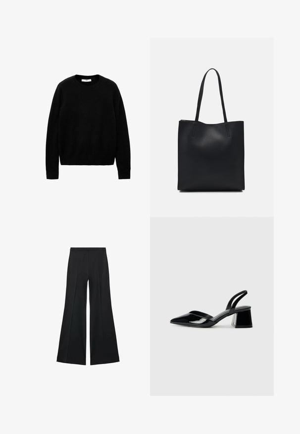 Musta, pyöreäkauluksinen neulepaita, joka on valmistettu pehmeästä kankaasta. Siinä on pitkät hiukset ja siisti, yksinkertainen muotoilu ilman selkeitä kuvioita tai koristeita.; Mustat leveälahkeiset housut, joissa on sileä pinta, etupuolella laskokset ja muotolaskettu malli. Kangas on kevyttä ja laskeutuvaa.; Mustat patentoitu nahkakengät, joissa on säären takaosa ja terävä kärki, sekä geometrinen palikkakorko. Sisältää tyylikkään, minimalistisen muotoilun ja sileän pinnan.; Mustapahkainen kangaskassi, jossa on sileä pinta, suorakaiteen muotoinen ja kaksi pitkää kahvaa. Ei näkyvää metalliosaa tai koristeita.