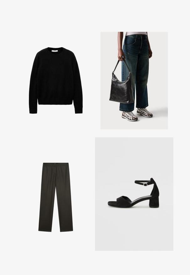 Zwarte, crew-neck trui gemaakt van zachte stof, met lange mouwen en een schoon, eenvoudig ontwerp zonder duidelijke patronen of accenten.; Donkergroene, wijde broek met een gladde textuur, elastische tailleband en zijzakken. Eenvoudig ontwerp zonder zichtbare patronen of hardware.; Zwarte suede hakken met een dunne enkelband, open teen ontwerp en een bescheiden blokhak. Zachte textuur en minimale accenten.; Zwarte leren schoudertas met een gladde textuur en een verstelbare strap, gecombineerd met vervaagde wijde jeans en sportieve sneakers.
