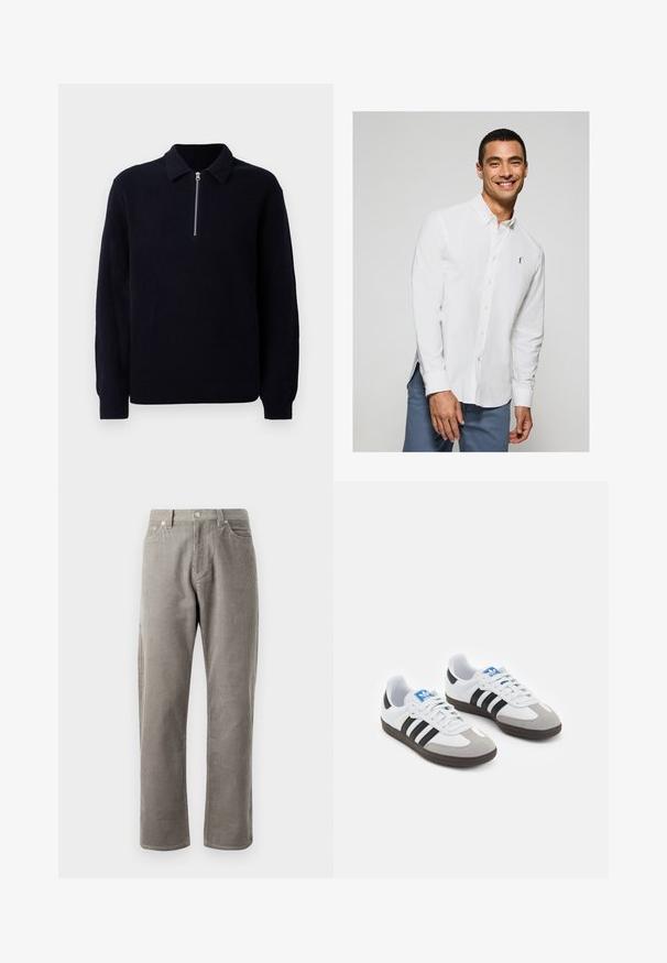 Pull-over en maille côtelée bleue marine avec un avant zippé, un col classique et des manches longues. Texture douce avec une coupe décontractée.; Chemise blanche à manches longues avec un petit logo sur la poitrine, accompagnée d'un pantalon bleu clair. Tissu lisse avec un col classique.; Pantalons en velours côtelé gris avec une coupe droite, dotés d'une taille haute, de poches avant et d'une texture côtelée verticale subtile.; Baskets avec une tige en cuir blanc, un bout en daim gris et trois bandes noires. Présente un logo bleu sur la languette et une semelle en caoutchouc texturée.