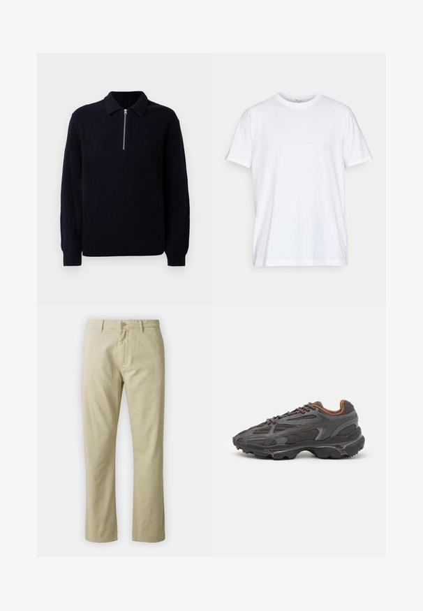 Pull-over en maille côtelée bleue marine avec un avant zippé, un col classique et des manches longues. Texture douce avec une coupe décontractée.; T-shirt en coton blanc à manches courtes, col rond et coupe décontractée. Présente un design minimaliste, sans motifs ni accents.; Pantalon en coton beige avec une coupe droite, fermeture à bouton sur le devant et passants de ceinture. Texture lisse, sans motifs ou accents visibles.; Baskets Lacoste en gris foncé, en matériau mesh et synthétique, avec une semelle texturée et des accents marron sur le col et le branding.
