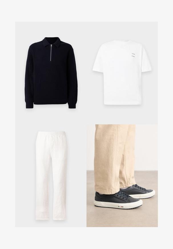 Tamsiai mėlynas, gaužtas megztinis su užtrauktuku iš priekio, klasikine apykakle ir ilgomis rankovėmis. Minkšta tekstūra ir laisvas siluetas.; Baltas medvilnės marškinėliai su atpalaiduotu siluetu, trumpomis rankovėmis ir V- formos iškirpte. Kairėje pusėje yra du maži juodi spausdinti logotipai.; Baltos lininės kelnių su elastine juosta, tiesaus kirpimo dizainas ir šiek tiek tekstūruota medžiaga. Be raštų ar papildomų detalių.; Tamsiai mėlyni batai su lygiu odiniu viršumi, balta gumine valdoma, su išsamia raištelių sistema. Suderinti su šviesiai rudos spalvos, laisvo fasono kelnėmis.