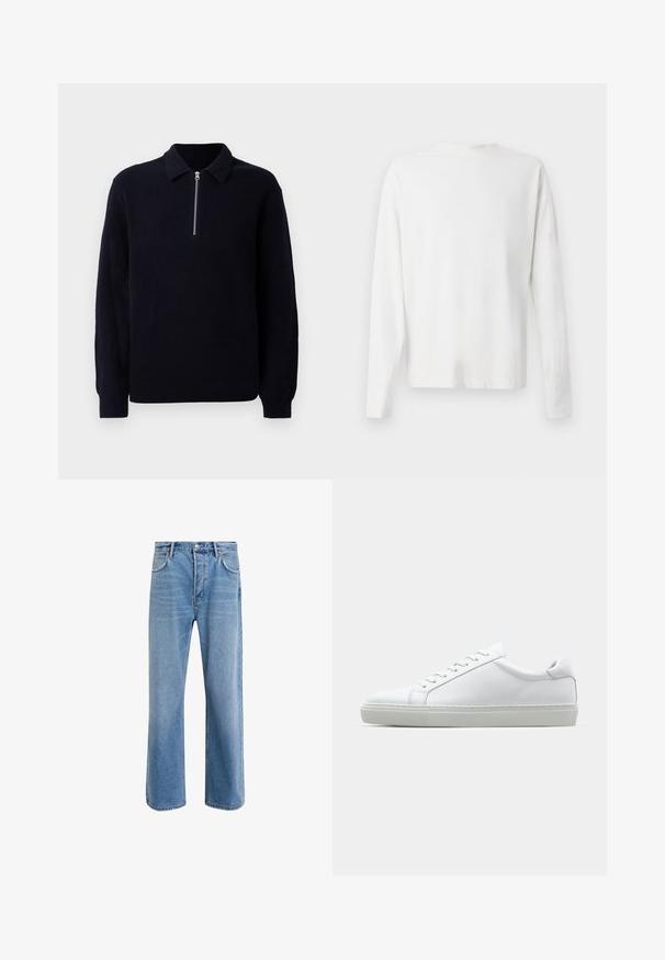 Pull-over en maille côtelée bleue marine avec un avant zippé, un col classique et des manches longues. Texture douce avec une coupe décontractée.; Chemise en coton blanc à manches longues avec un col rond, fentes latérales en bas et une texture lisse, présentée de dos.; Jeans en denim bleu clair avec une coupe droite, cinq poches, fermeture à bouton, peu d'usure et des détails de couture contrastés.; Sneaker blanche avec une tige en cuir lisse et un profil bas. Présente un bout arrondi, six œillets et une semelle en caoutchouc texturé.