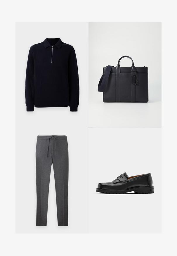 Maglione in maglia a coste blu navy con apertura a zip sul davanti, colletto classico e maniche lunghe. Texture morbida con vestibilità rilassata.; Pantaloni neri a sigaretta con elastico in vita e cordino, caratterizzati da pieghe sottili lungo la parte anteriore.; I mocassini in pelle nera presentano una cucitura sollevata, due fasce decorative sulla parte superiore e una suola spessa e texture per una maggiore aderenza.; Cartella in pelle blu scuro con doppio manico superiore e tracolla removibile. Presenta una finitura texturizzata, cuciture verticali e dettaglio del logo.