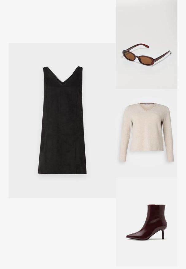 Tommy Hilfiger Curve SWEATER - Strickpullover - ivory petal heather; Langärmliges Oberteil aus cremefarbener Stoff, mit leichter Raffung an den Seiten und klassischem Kragen. Sanfte Textur, schlichtes Design.; Schwarzes ärmelloses Kleid mit V-Ausschnitt, aus einem weich fließenden Material gefertigt, mit geradem Schnitt und minimaler Verzierung. Glatte Textur.; Burgunderfarbene Lackleder-Stiefelette mit spitzem Zehenbereich und schlankem Stilettosc heel, die eine glatte, glänzende Textur und ein minimalistisches Design aufweist.; Runde, braun getönte Sonnenbrillen mit einem glänzenden burgunderfarbenen Rahmen. Schlanke Bügel mit dezentem Branding. Flaches Linsendesign.