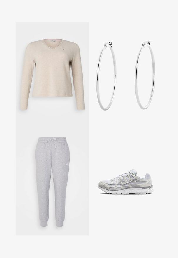 Tommy Hilfiger Curve SWEATER - Maglione - ivory petal heather; Pantaloni della tuta grigi chiari con vita regolabile, gamba affusolata e un piccolo logo bianco sulla coscia sinistra. Realizzati in un morbido tessuto texture.; Scarpe da ginnastica grigio chiaro con tomaia in rete e sintetico, dotate di chiusura con lacci, collo imbottito e suola testurizzata per una migliore aderenza.; Orecchini a cerchio in argento con una superficie liscia e lucida e una forma circolare sottile. Il design presenta una chiusura sicura.