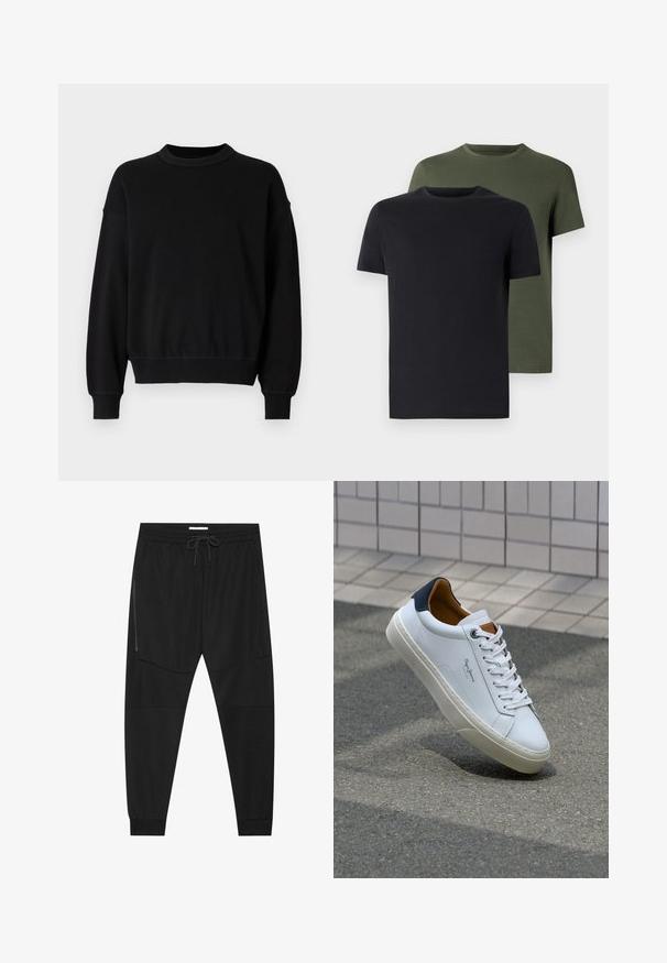 Sweatshirt noir en tissu lisse, avec un col rond, des manches longues et des poignets ajustés, offrant une coupe décontractée à la taille.; Deux t-shirts col ras du cou en noir et vert olive, fabriqués en coton doux. Le design est simple avec des manches courtes et une coupe droite.; Pantalons de sport noirs en tissu texturé, dotés d'une taille réglable, d'une poche latérale zippée et de chevrons resserrés.; Sneaker en cuir blanc avec un talon bleu marine, bout rond et accents marron contrastés. Dispose de lacets plats et d'une semelle en caoutchouc texturée.