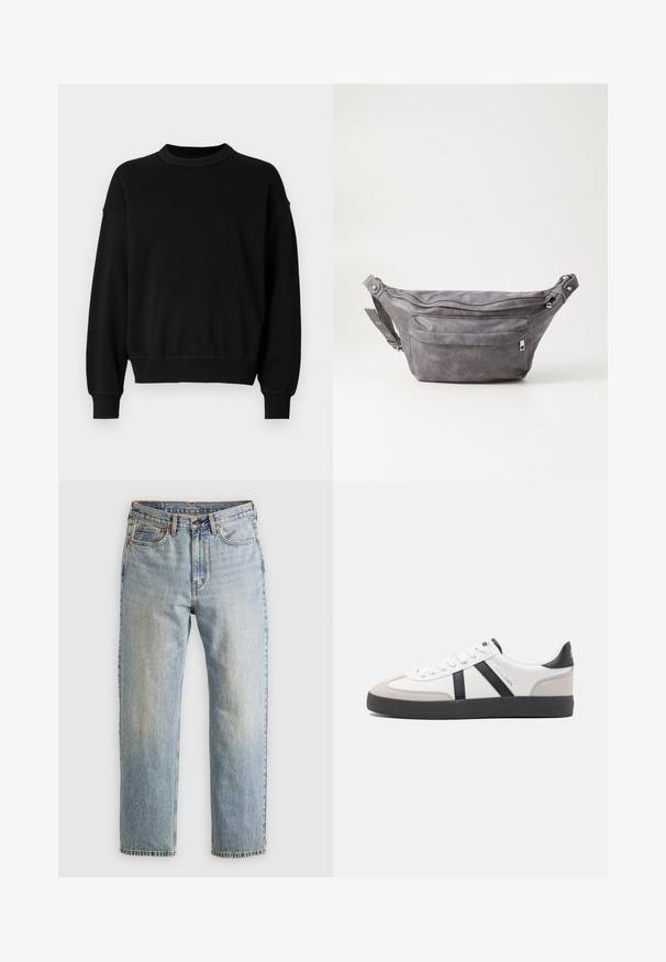 Sort sweatshirt lavet af glat stof med en rund halsudskæring, lange ærmer og tætsiddende manchetter samt en løs pasform ved taljen.; Lysblå denim jeans med høj talje, frontknap, lynlås og fem-lomme design, lagt fladt på en neutral baggrund.; Hvide sneakers med sorte og grå detaljer, med en tekstureret grå tåhætte, sort gummisål og flade hvide snørebånd. Rent design, minimalistisk stil.; Grå suedefanny pack med en rund form, to lynlåslommer og justerbart strop. Har metalhardware detaljer.
