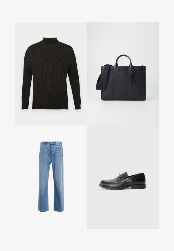Black knitted sweater featuring a high turtle neck, textured cable design, long sleeves, and ribbed cuffs and hem.; Light blue denim jeans with a straight-leg design, five pockets, button closure, minimal fading, and contrasting stitching details.; Black leather loafers with a rounded toe, featuring a stitched design, a small front strap with hardware detailing, and a flat rubber sole.; Dark navy leather briefcase with dual top handles and a detachable strap. Features textured finish, vertical stitching, and logo detail.