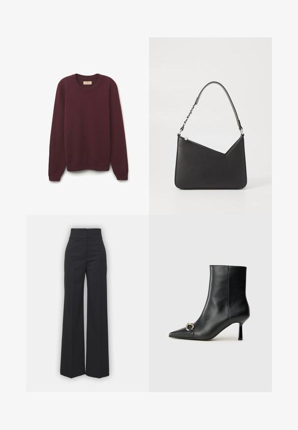 Burgunderfarbener Rundhals-Pullover mit langen Ärmeln, gerippten Bündchen und Saum, aus einem weichen Material mit glatter Textur. Das Etikett ist am Kragen sichtbar.; Weite Hosen aus schwarzem Stoff mit hohem Bund, die eine saubere Verarbeitung und glatte Textur aufweisen. Keine sichtbaren Beschläge oder Muster.; Schwarze Leder-Stiefelette mit spitzer Zehe, schlankem, mittelhohem Absatz und silberner Schnalle seitlich vor einem schlichten Hintergrund.; Schwarze Lederhandtasche in dreieckiger Form, mit schmalem Tragegurt und silbernem Zubehör. Sie verfügt über einen Reißverschluss und ein geprägtes Logo auf der Vorderseite.
