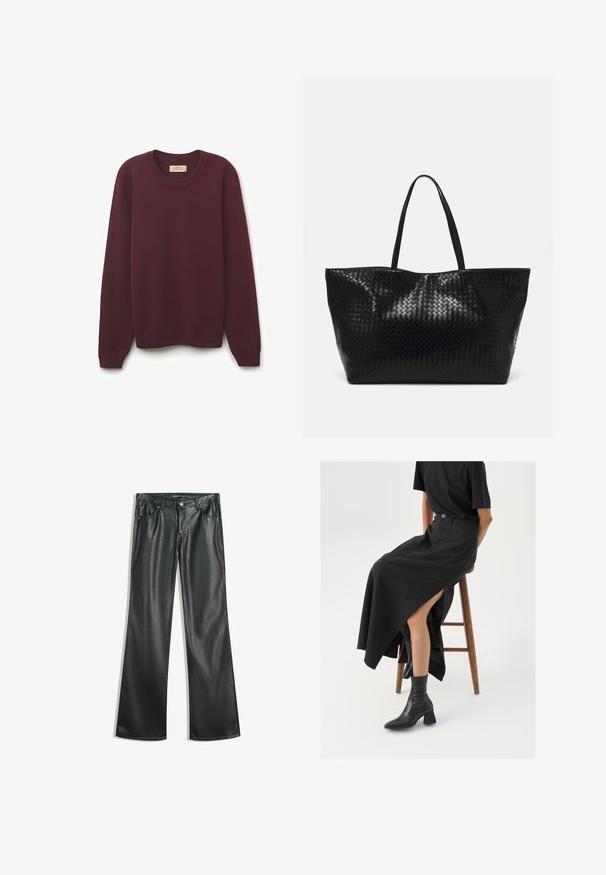 Burgunderfärgad tröja med rund halsringning och långa ärmar, ribbade muddar och nederkant, tillverkad av ett mjukt material med en slät textur. Etiketten är synlig vid halsringningen.; Svarta fusk läder flarebyxor med en slät textur, femfickorsdesign, dragkedja fram och kontrasterande sömmar.; Svart lin maxi kjol med hög slits, bärs med en svart t-shirt och svarta ankelstövlar. Minimalistisk design med en lös passform.; Svart vävd strandväska med två stadiga handtag, med en glänsande yta och en rymlig öppen toppdesign.