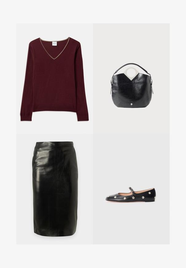 Maglione bordeaux a maglia con maniche lunghe, scollatura a V e bordo a contrasto lungo il collo. Texture morbida, polsini e orlo a coste.; Gonna a matita in pelle nera con un design aderente, texture liscia e una silhouette pulita senza decorazioni o motivi visibili.; Scarpa flat nera in pelle tipo Mary Jane con punta arrotondata, caratterizzata da borchie circolari argentate e una fascia regolabile con fibbia.; Borsa in pelle nera con forma curva, manico superiore circolare e dettaglio del logo in argento. Texture liscia e caratteristica di un design con ritaglio notevole.