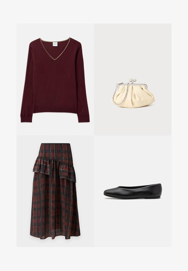 Bordo pleteno pulover s dolgimi rokavi, V-izrezom in kontrastnim obrobo ob izrezu. Mehka tekstura, rebrasti manšeti in rob.; Maxi krilo v temno rdeči in črni karirasti vzorec, z večplastnimi naborki na pasu, izdelano iz lahkega blaga z mehko teksturo.; Paul Smith TOPANGA - Balerinke - black; Zavihani bež usnjeni nahrbtnik s srebrnim kovinskim okvirom, ki ima dve okrogli okrasni zaponki in srebrno verižico.