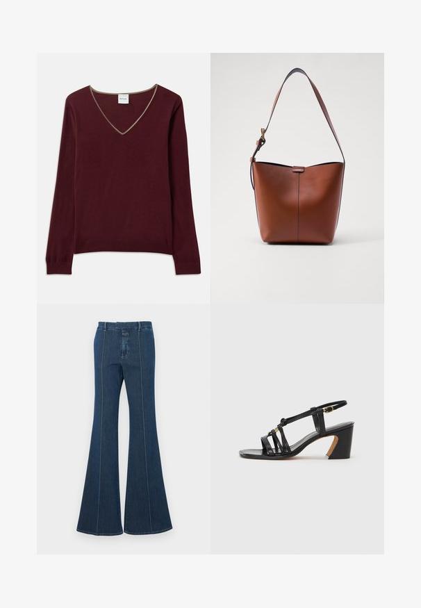Burgundy knit sweater with long sleeves, V-neck, and contrasting trim along the neckline. Soft texture, ribbed cuffs and hem.; Denim flared pants in dark blue, with structured seams and a clean finish. Features a mid-rise waistband and wide, flowing legs.; Paul Smith AMIRA - Classic heels - black; Brown leather shoulder bag with a curved shape, smooth texture, and a single thin strap. Features a subtle seam and a small logo detail.