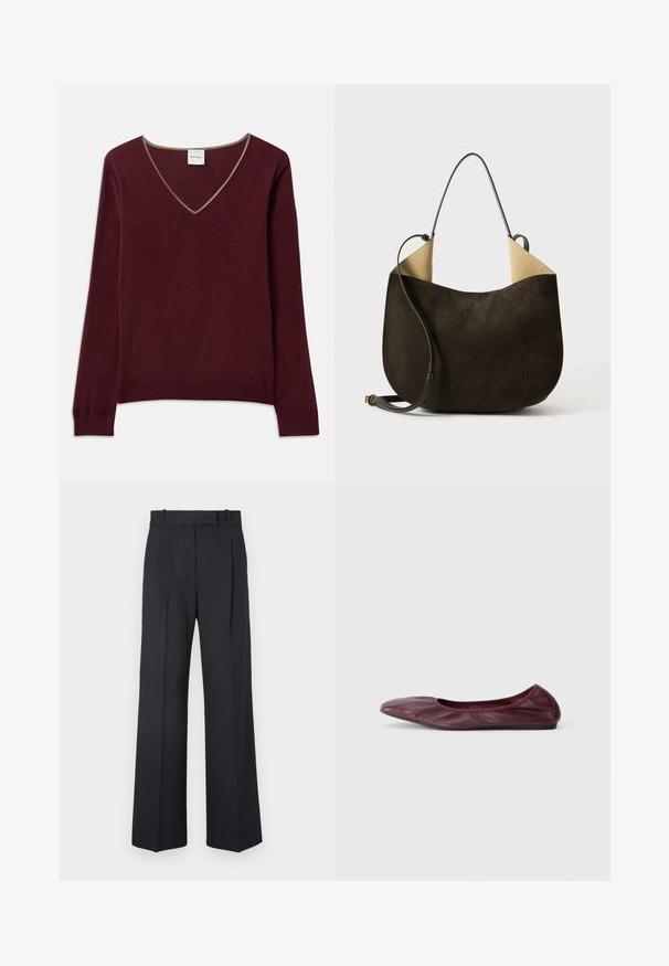 Maglione bordeaux a maglia con maniche lunghe, scollatura a V e bordo a contrasto lungo il collo. Texture morbida, polsini e orlo a coste.; Pantaloni a righe blu scuro con vita alta, design a gamba larga e senza hardware o decorazioni visibili. Tessuto liscio e vestibilità sartoriale.; Ballet flat in pelle bordeaux scuro, con punta arrotondata, bordo elasticizzato e superficie liscia con dettagli di pieghe sottili.; Borsa a mano in suede marrone scuro con una texture liscia, un design minimalista e un interno di colore chiaro in contrasto. Caratterizzata da una lunga tracolla in pelle.