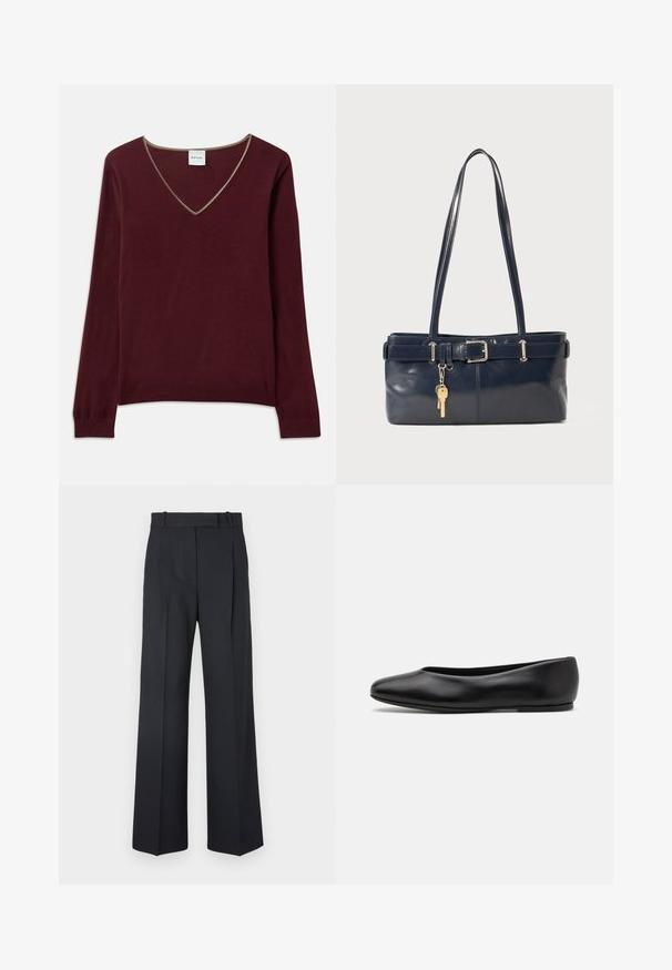 Pull en maille bordeaux avec manches longues, col en V et bordures contrastées le long de l'encolure. Texture douce, poignets et ourlet côtelés.; Pantalons rayés bleu foncé à taille haute, avec une coupe large et sans matériel ni embellissements visibles. Texture lisse et ajustement ajusté.; Paul Smith TOPANGA - Ballerines - black; Sac à main en cuir bleu marine avec deux longues poignées, un détail de boucle et un porte-clés accroché. Il présente une texture lisse et une forme rectangulaire.