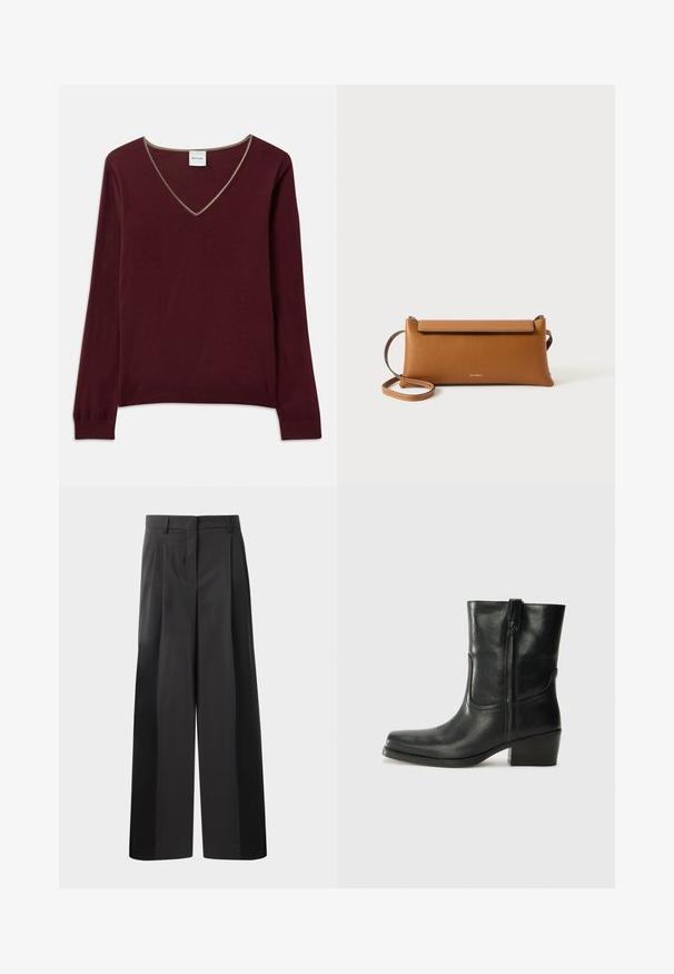 Burgundi kötött pulóver hosszú ujjakkal, V nyakú, és kontrasztos díszítéssel a nyakrész körül. Puha tapintású, bordás mandzsettákkal és hemrészekkel.; Fekete, bő szárú nadrág magas derékkal, elöl plissékkel, sima felülettel és igényes kidolgozással. Kényelmes viseletre tervezve.; Fekete bőr bokacsizma lekerekített orral, blokk sarkúval, oldalsó cipzárral és varrásos díszítéssel az elején. Simább textúra, klasszikus dizájn.; Barna bőr kézitáska, téglalap alakú, texturált felület, leválasztható pánt, cipzáras záródás, diszkrét logóval a záron.