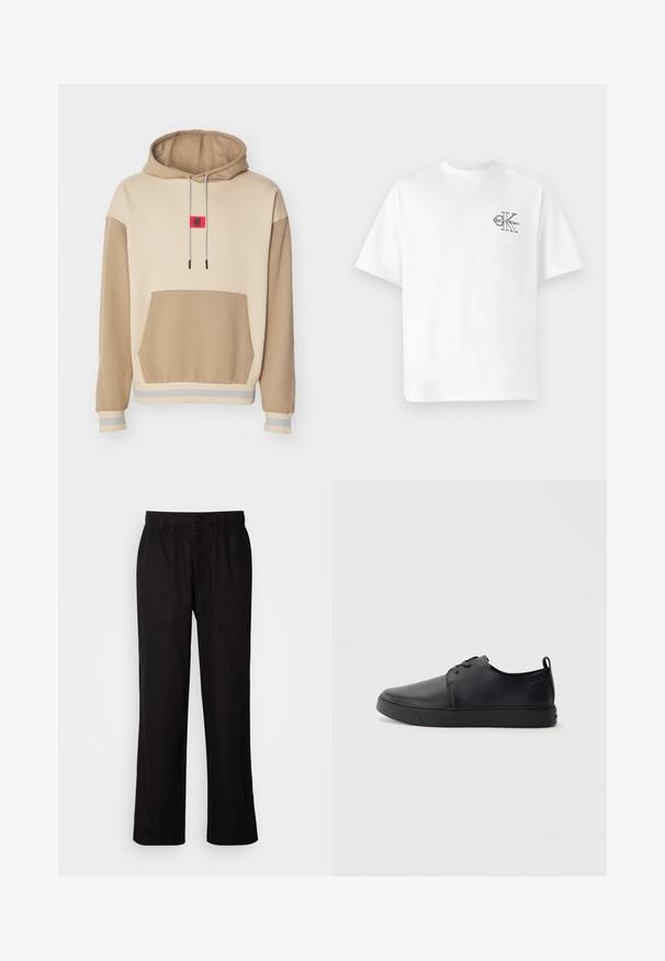 HUGO DICHECK - Sweatshirt - light beige; Hvid bomulds t-shirt med korte ærmer, rund hals, med et sort CK-logo på venstre brystområde, standard pasform, glat tekstur.; Sorte bukser med en afslappet pasform, lavet af letvægtsstof. Har elastisk talje, knaplukning og to forlommer.; Sorte lædersneakers med en glat finish, rund tå, tonalt syning, snøring foran og en flad gummisål. Løkke ved hælen.