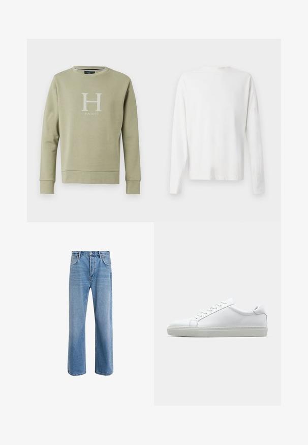 Felpa verde a maniche lunghe con scollatura tonda, caratterizzata da un grande logo bianco a "H" e il testo "HACKETT" sul davanti. Tessuto in misto cotone.; Camicia bianca in cotone a maniche lunghe con scollatura rotonda, spacchi laterali in fondo e una texture liscia, mostrata da dietro.; Jeans in denim blu chiaro con design a gamba dritta, cinque tasche, chiusura con bottone, leggero sbiadimento e dettagli di cucitura a contrasto.; Sneaker bianco con tomaia in pelle liscia e profilo basso. Presenta una punta arrotondata, sei occhielli e una suola in gomma testurizzata.