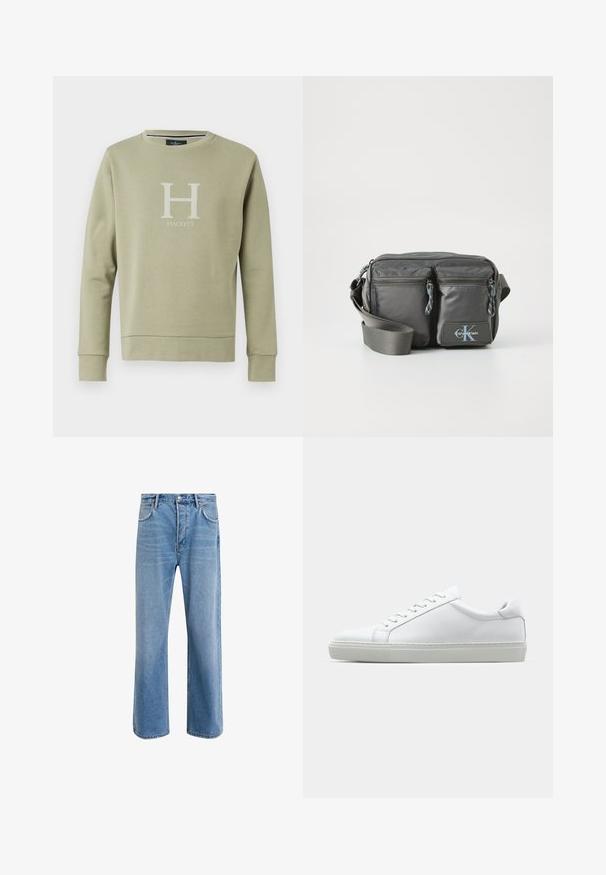 Roheline pika varrukaga sviiter ümmarguse kaelusega, mille esipinnal on suur valge "H" logo ja "HACKETT" tekst. Puuvillane segustusmaterjal.; Heledad sinine teksapüksid otse lõikega, viie taskuga, nupuga sulgemine, minimaalne kulumine ja kontrastsed õmbluse detailid.; Valge tennisetoss, millel on sile nahk pealis ja madal profiil. Omab ümarat ninaosa, kuut silmust ja tekstuuriga kummist talda.; Halletud nailonist ristiüle kantav kott, millel on kaks lukuga esikotid, reguleeritav rihm ja logo aktsent. Sile tekstuur ja kaasaegne disain.