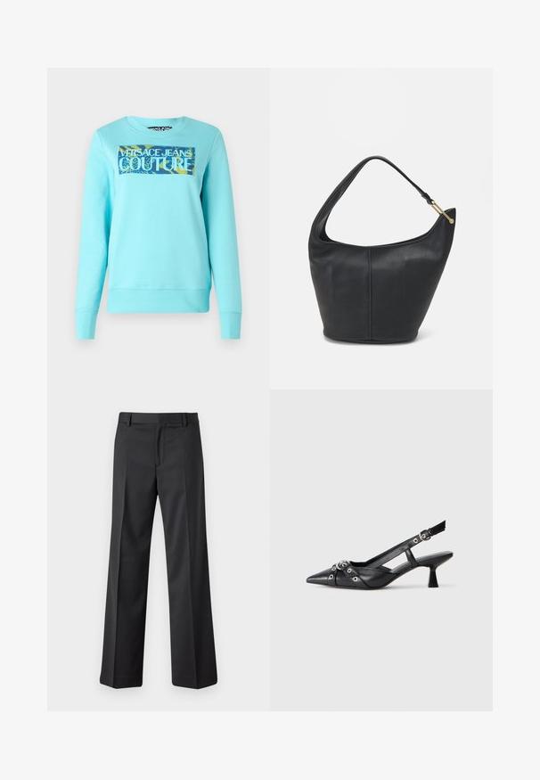 Gaiši zils kokvilnas džemperis ar taisnstūra grafiku, kurā ir uzraksts "VERSACE JEANS COUTURE" izceltā baltā krāsā un krāsains, rakstains fons.; Melnas, platas kāju bikses, izgatavotas no gludas auduma. Ar jostasvietu, kurai ir jostas cilpiņas un priekšējiem krokām. Taisns griezums līdz potītēm.; Melnas ādas šlipsveida kurpes ar norādītu purngalu, dekoratīvām joslām ar metāla acīm un zemu bloku papēdi. Teksturēta virsma.; Melnas ādas rokassomi ar noapaļotu formu, platu siksnu un strukturētu apdari. Iezīmējas ar nelielām šuvju detaļām un zelta tonī izstrādātu aparatūru.