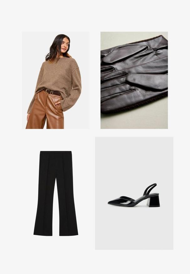 Brązowy sweter z dzianiny z oversize'owymi rękawami, w połączeniu z wysokim stanem brązowymi spodniami z sztucznej skóry oraz ciemnym paskiem. Gładka tekstura i luźny krój.; Beżowa koszula z długim rękawem, zapinana na guziki, z klasycznym kołnierzykiem i mankietami, gładki materiał i lekko zaokrąglony dół.; Czarne skrojone spodnie z wysokim stanem, przednimi zakładkami, bocznymi kieszeniami i delikatnym rozszerzeniem u dołu nogawek.; Czarne lakierowane półbuty na obcasie z wydłużonym noskiem i geometrycznym słupkiem. Charakteryzują się eleganckim, minimalistycznym designem oraz gładką fakturą.; Brązowe skórzane rękawiczki o gładkiej fakturze, z pięcioma palcami, elastycznym nadgarstkiem i ozdobnym przeszyciem wzdłuż krawędzi.