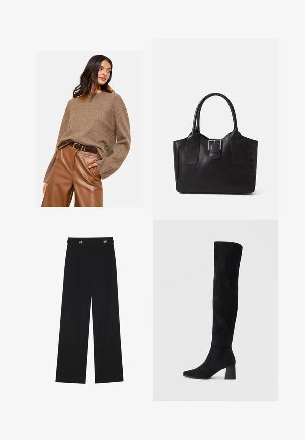 Rudas megztinis su per didelėmis rankovėmis, derinamas su aukštu liemeniu rudu dirbtinės odos kelnių komplektu ir tamsiu diržu. Lygus paviršius ir laisvas siluetas.; Juodi plačios kojos kelnės su aukštu liemeniu, sagų detalėmis ant liemens ir priekinėmis raukšlėmis.; Juoda zomšinė kelio ilgio batai su blokuotu kulnu, smailiu nosiu ir lygiu, be siūlių dizainu ant paprastos šviesios fono.; Juodas odinis nešiojamas krepšys su lygiu paviršiumi, struktūrine forma, dviem rankenėlėmis ir ryškiu sidabriniu sagties akcentu priekyje.