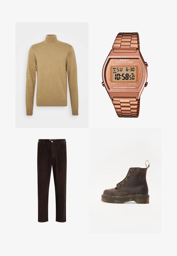 Bež pleteni pulover s visokim ovratnikom, napravljen od meke pletene tkanine. Ima duge rukave i uski kroj. Akcenti rebrastog ruba i ovratnika.; Redefined Rebel JOHN COMFORT FIT - Hlače - demitasse; Smeđe kožne čizme do gležnja s okruglim vrhom, kontrastnim žutim šavovima, dekorativnim metalnim rupicama i zupčastom gumom.; Digitalni Casio sat s metalnom narukvicom u ružičastom zlatu, pravokutnim kućištem, osvijetljenim zaslonom i vodootpornošću, prikazuje vrijeme i datum.