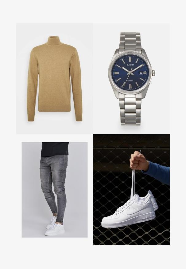 Bež pulover s turtleneck iz mehkega pletenega materiala. Ima dolge rokave in prilegajočo se zasnovo. Ribana obroba in ovratnik.; Oprijete jeans hlače iz izbledele sive denima, z obrabljenimi detajli na kolenih, v kombinaciji z belimi športnimi copati. Gladka tekstura, oblikovan slim fit dizajn.; Bela usnjena športna obutev s perforacijami, okroglo konico, ravnim podplatom in debelimi vezalkami, z vidnim logotipom smoosh in napisom "AIR" na peti.; Srebrna nerjaveča jeklena ura z modrim številčnico, kovinskimi kazalci ter oknom za datum na 3. uri. Vodoodporna do 50 metrov.
