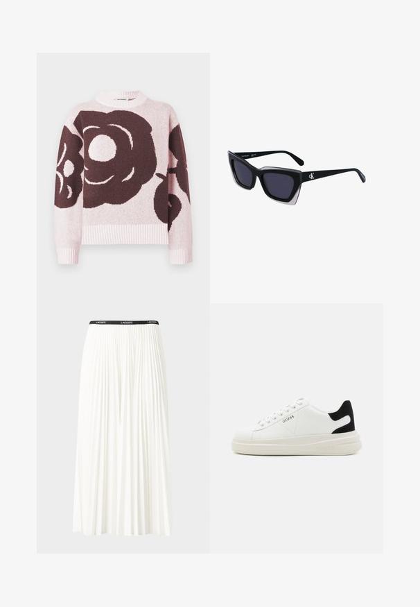 Kötött pulóver, világos rózsaszín alapon nagy sötét virágminta. Bordázott nyakkivágás és mandzsetták, puha tapintás.; Plisszírozott fehér szoknya fekete elasztikus derékkal, amelyen a "LACOSTE" logó található. Középhosszú kialakítás, puha tapintással.; Fehér bőr sportcipők vastag fehér talppal, fekete velúr sarokpikkelyel és dombornyomott logóval az oldalon. Fűzős kialakítás, hat fűzőlyukkal.; Fekete, nagyméretű napszemüveg geometrikus formával, sötét lencsékkel és kontrasztos szürke részlettel a kereten. Logó a szárán.