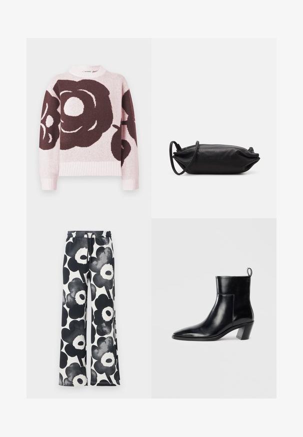 Pulover tricotat cu un model floral mare închis pe un fundal roz deschis. Guler și manșete cu bordură reiată, textură moale.; Pantaloni largi cu un model floral alb-negru, având talie cu șnur și o textură netedă, cu mari modele stilizate de flori.; Cizme negre din piele până la gleznă, cu vârful ascuțit, toc geometric patrulat și un manșon pentru tragere în spate. Textură netedă și design elegant.; Geantă de mână din piele neagră, cu o formă rectanguală, textură netedă, curea subțire pentru umăr și design minimalist.