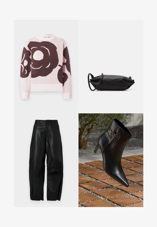 Stickad tröja med ett stort mörkt blommönster på ljusrosa bakgrund. Ribbad halsringning och muddar, mjuk textur.; Svarta läderbyxor med lös passform, med en rak bendesign, framfickor och synliga sömdetaljer.; Svart läderankelstövel med spetsig tå och liten klack. Har en guldkedjeaccent vid ankeln. Omgiven av en texturerad stenytan.; Svart läderkuvertväska med rektangulär form, slät yta, tunn axelrem och minimalistisk design.