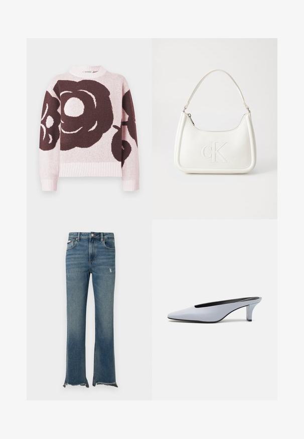 Strikket genser med et stort, mørkt blomsterprint på en lys rosa bakgrunn. Ribbestrikket halslinning og mansjetter, myk tekstur.; Blå denimjeans med lett slitasje, rå frynsete kanter, frontlommer, beltestropper og knappelukking.; Lys blå patentlær mule med spiss tå, lav gjennomsiktig hæl og en elegant design med utskjæring på vampen.; Hvit lærveske med en buet fasong, med et preget "CK"-logo på forsiden og en enkel skulderstropp. Glidelåslukking på toppen.