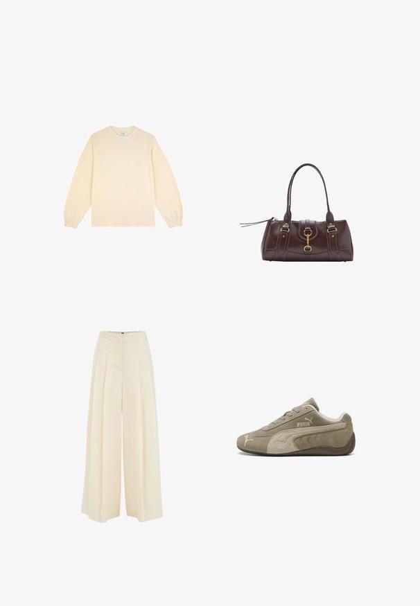 Cremefarbene Langarm-Sweatshirt aus weichem Stoff mit Rundhalsausschnitt und lässiger Passform. Verfügt über gerippte Bündchen und ein einfaches Design.; Weite Hosen aus leicht beigem Stoff, mit plissiertem Vorderdesign, hoher Taille und glatter Textur. Keine sichtbaren Beschläge oder Muster.; Wildledersneaker in Hellbraun mit dunkleren Akzenten, ausgestattet mit einem niedrigen Profil, Schnürverschluss und einem Markenlogo an der Seite.; Dunkelbraune Lederhandtasche mit zwei oberen Griffen, goldenen Hardware-Akzenten, einem Frontverschluss und gesteppten Texturen an den Seiten.